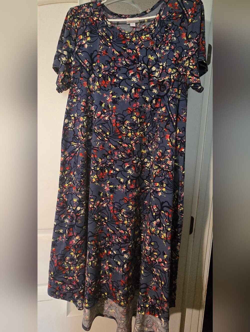 LuLaRoe Floral Navy Blue Dress with Red, Yellow, Cream Accents